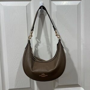 Coach Pebbled Leather Shoulder Hobo in Taupe Brown with Gold Hardware